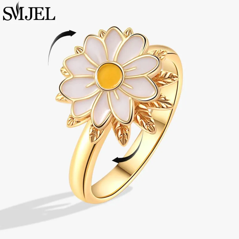 Модное кольцо Bohemia Fashion Sunflower с вращающимся цветком-маргариткой для женщин, минималистичное, антистрессовое, оптом (art.: 3920da2f2a4ec) - 3920da2f2a4ec