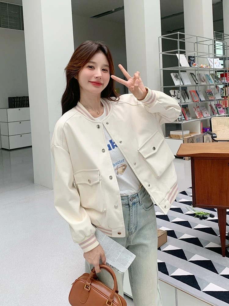 Кремово-белая бейсбольная форма-карго короткая женская куртка на весну и осень