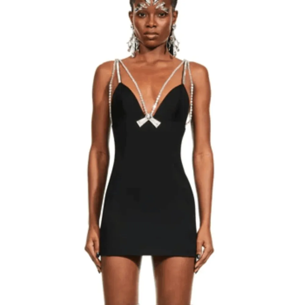 

2023 New Summer Women Sexy Sleeveless V-Neck Bodycon Mini Dress Diamond Chain Nightlcub Party Celebrate Dress Wholesale