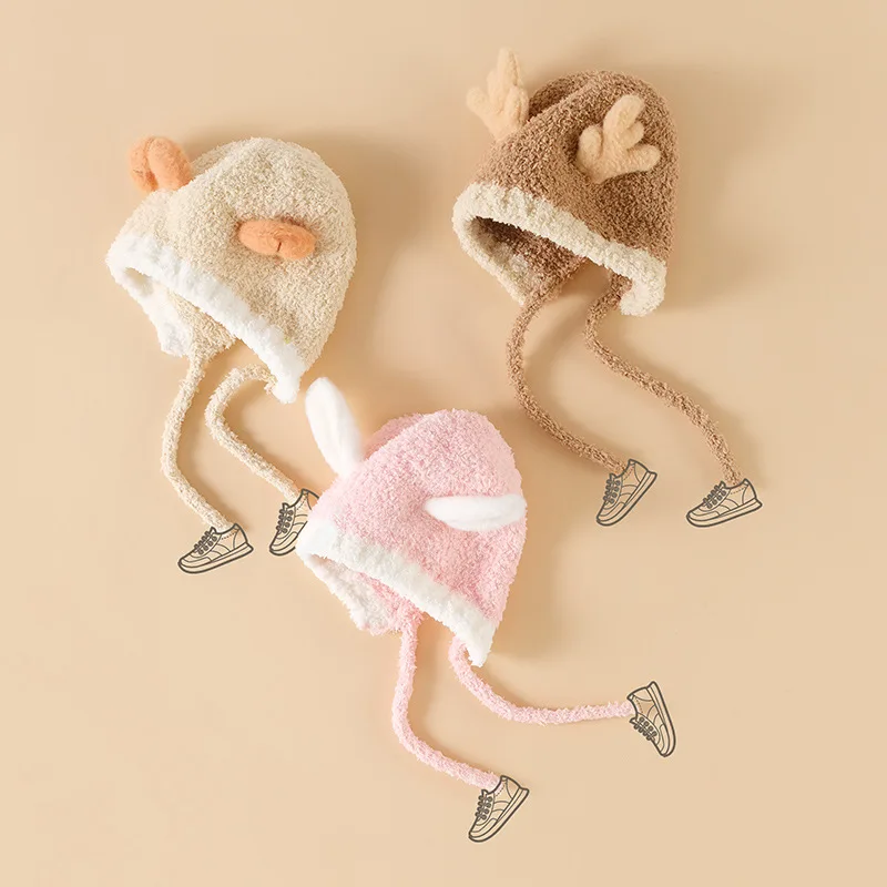 Cute Winter Baby Hats Stereoscopic Ear Warm Plush Baby Boys Girls Cap Cartoon Antler Toddler Kids Earflap Bonnet Cap For Kids
