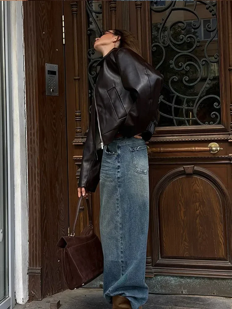 Шоколадная новая эластичная куртка из искусственной кожи женская модная