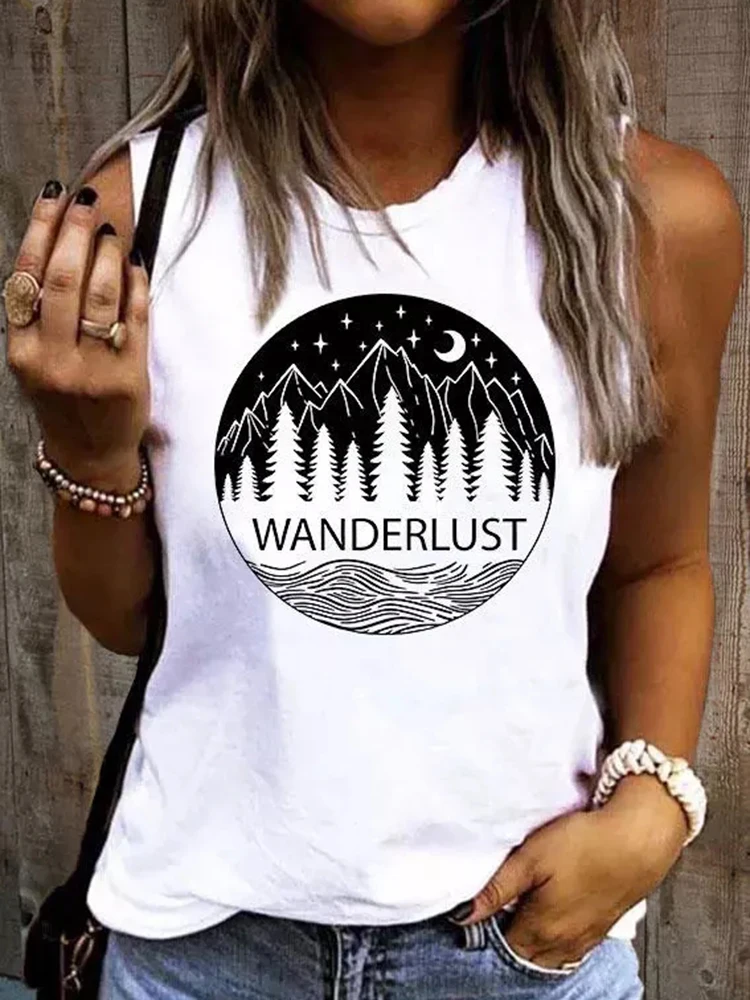 

WANDERLUST O Neck Simple Tank Top Women Fashion Sleeveless Vest T Shirt Top Summer Casual Ladies Loose Tank Top