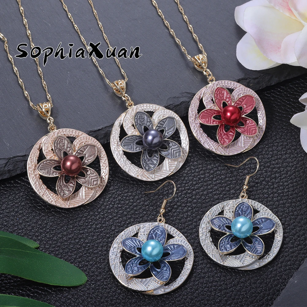 

SophiaXuan Hawaiian Vintage Classic Flower Jewelry Sets 2022 Elegant Gift New Women's Necklace Charm Pearl Pendant Earrings Set