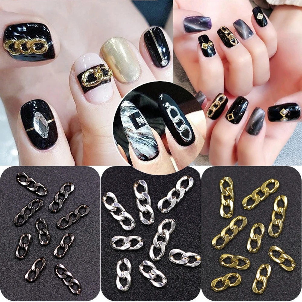 

20pcs Metal Chain Nail Art Decorations 3D Top Punk Black Gold Silver Two/Three Sections Chains Charm Japan Design Nail Accessory