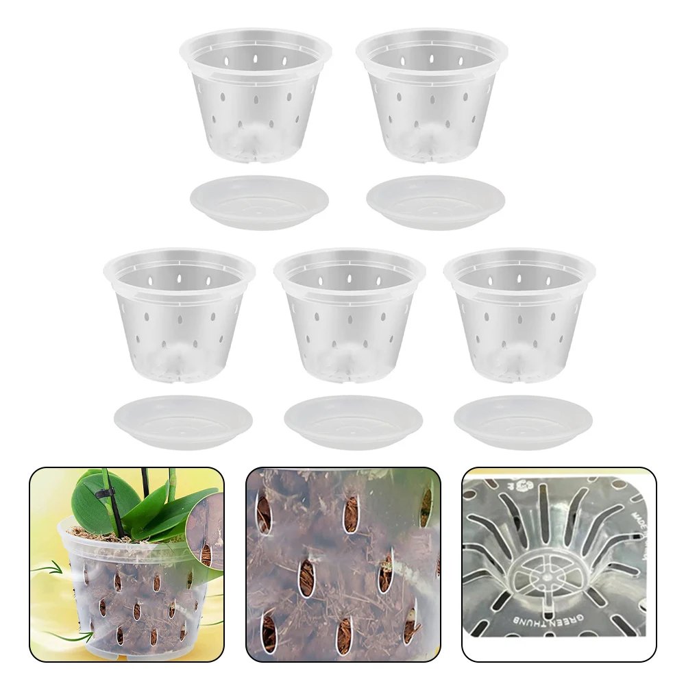 

5Pcs Transparent Orchid Pot With Holes & Tray Root Control Mesh Pot Pot Planters Plant Nursery Pots Container Garden Supplies