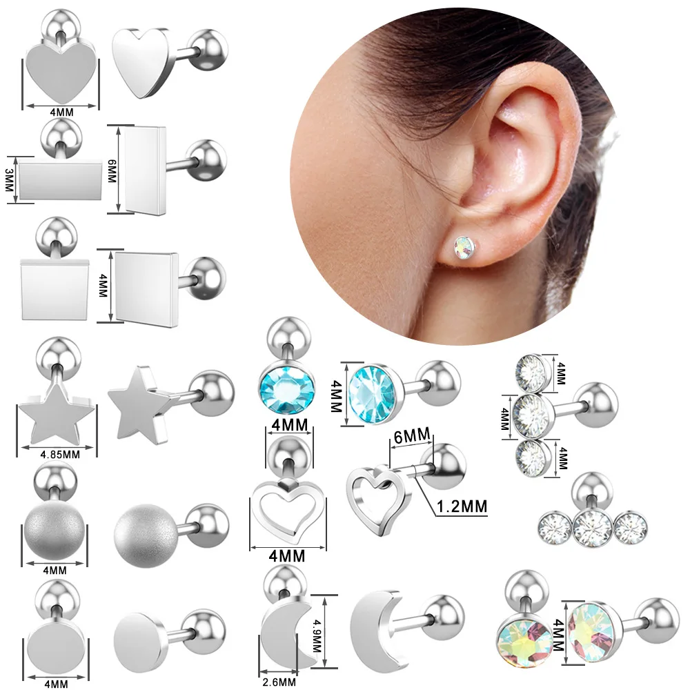 2pcs Women Men Heart Triangle Square Star Moon Zircon Stainless steel Piercing Ear Studs Earrings Helix Tragus Cartilage |