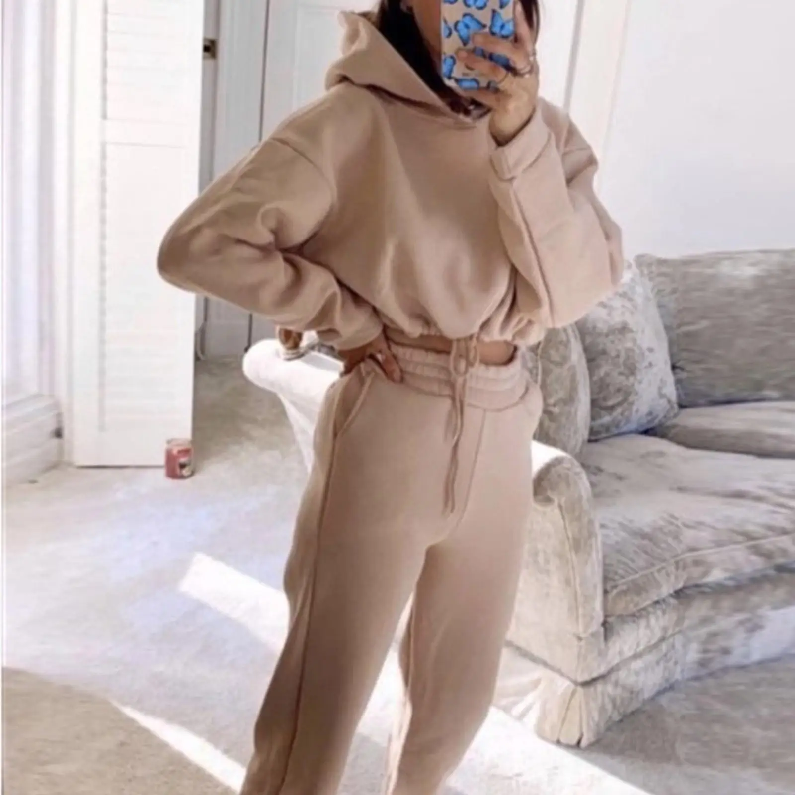 

2023 Winter Women‘s Suit Hat Long Sleeve Drawstring Loose Hoodies Long Pants Pockets Suits Female Casual Trendy Ladies Clothes