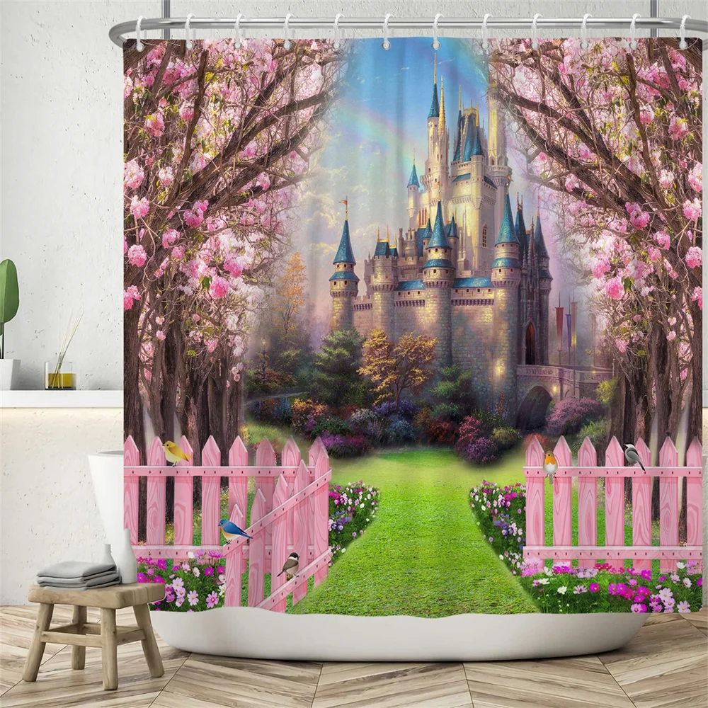 

Forest Castle Natural Scenery Shower Curtains Garden Wall Decor Landscape 3d Print Bathroom Curtain Waterproof Polyester Screen