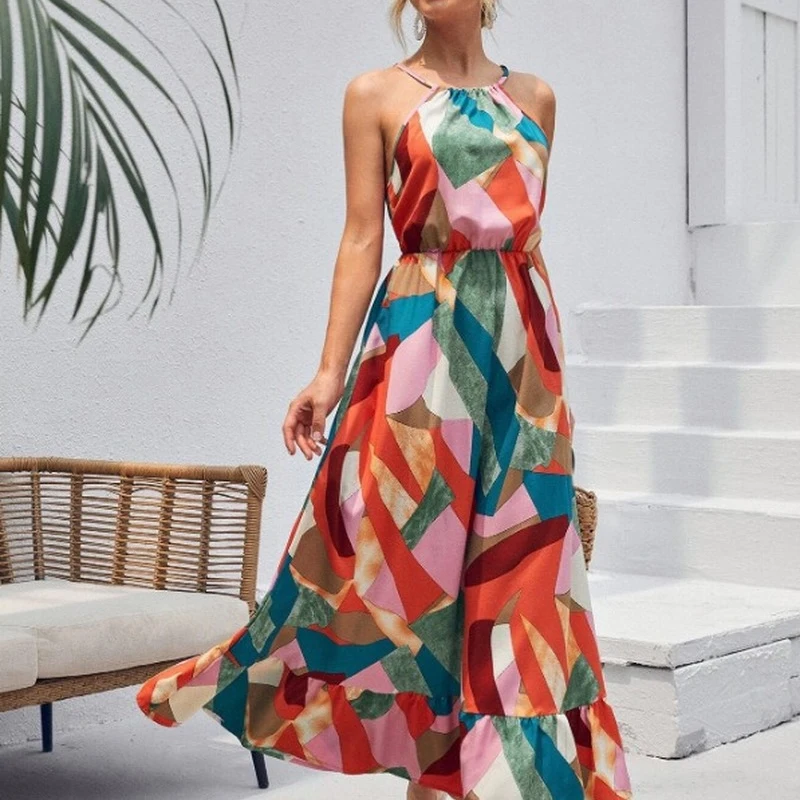 

Holiday Beach Sundresses for Women Bohemian Printing Maxi Long Party Dresses Oversized Summer Sleeveless Halter Casual Dress