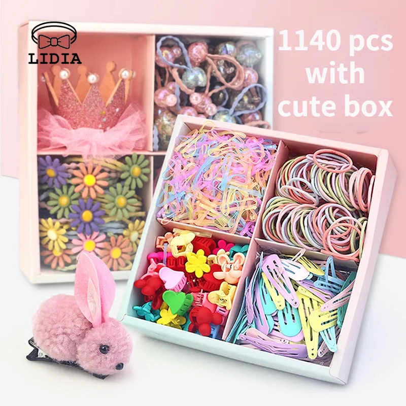 

Children 1140pcs Hair Accessories Hair Clips and Headrope Elastic Rubber Bands Colorful Headdress Candy Solid Color Decoration