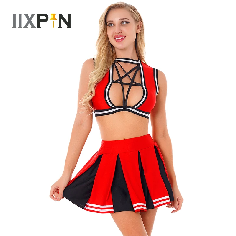 

Women Cheerleading Outfit Role Play Costume Sleeveless Tank Crop Top With Pleated Skirt Set Cheerleader Uniform Dance Wear
