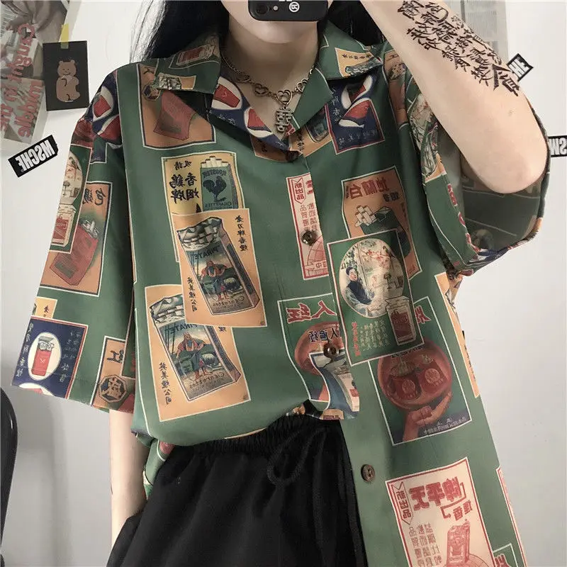 

QWEEK Harajuku Blouses Woman Vintage Streetwear Japanese Style Cool Short Sleeve Oversized Button Up Shirt Alt Clothes Fashion