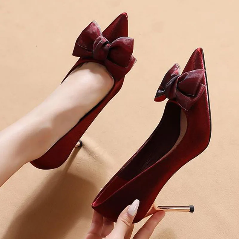 

6cm New Fashion Shallow Mouth Butterfly Bow with Satin Sexy High Heels Bride Red Women Shoes 41 42 43