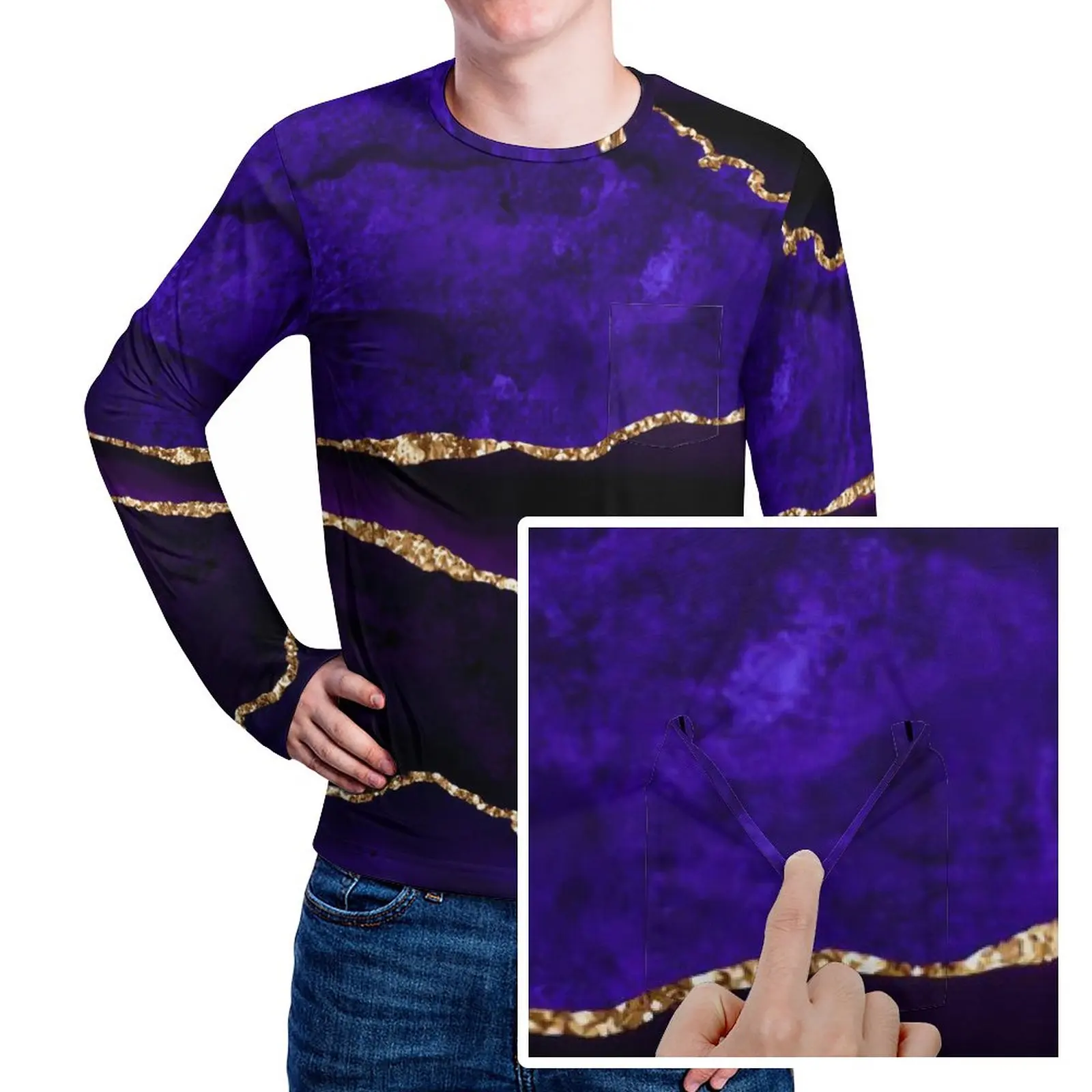 

Marble Print T Shirt Man Purple and Gold Basic T-Shirts Autumn Cool Tees Long Sleeve Graphic Oversize Clothes