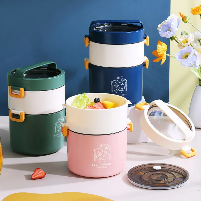 

Japanese Style Double Layer Round Plastic Lunch Box Microwave Heating Handle Student Bento Box Office Worker Portable Lunch Box