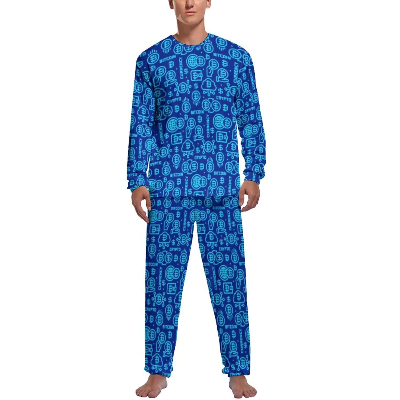 Bitcoin Blue Logo Pajamas Winter 2 Pieces Crypto Cryptocurrency Elegant Pajama Sets Men Long Sleeves Aesthetic Custom Home Suit