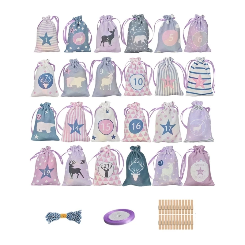 

63HC Christmas Advent Calendar Bags 24 Days Gift Bags for Candy Gift Bag Home Decoration DIY Craft Holiday Decor