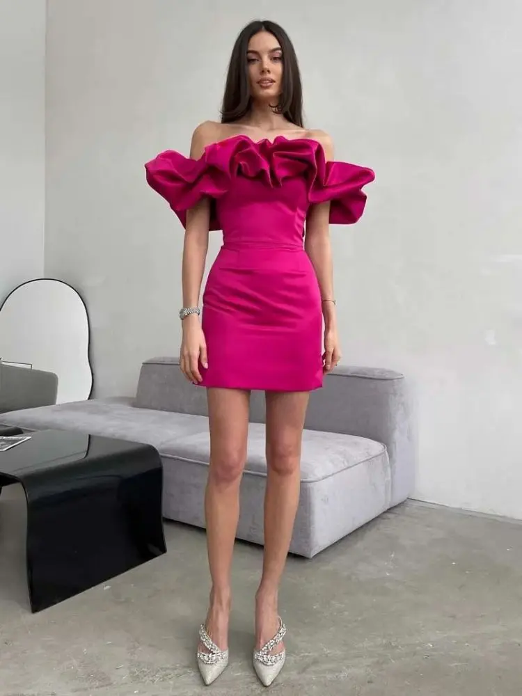 

New Rosered Color Women Strapless Ruffles Sexy Bodycon Mini Dress Backless Fashion Nightclub Party Bar Singer Dress Wholesale