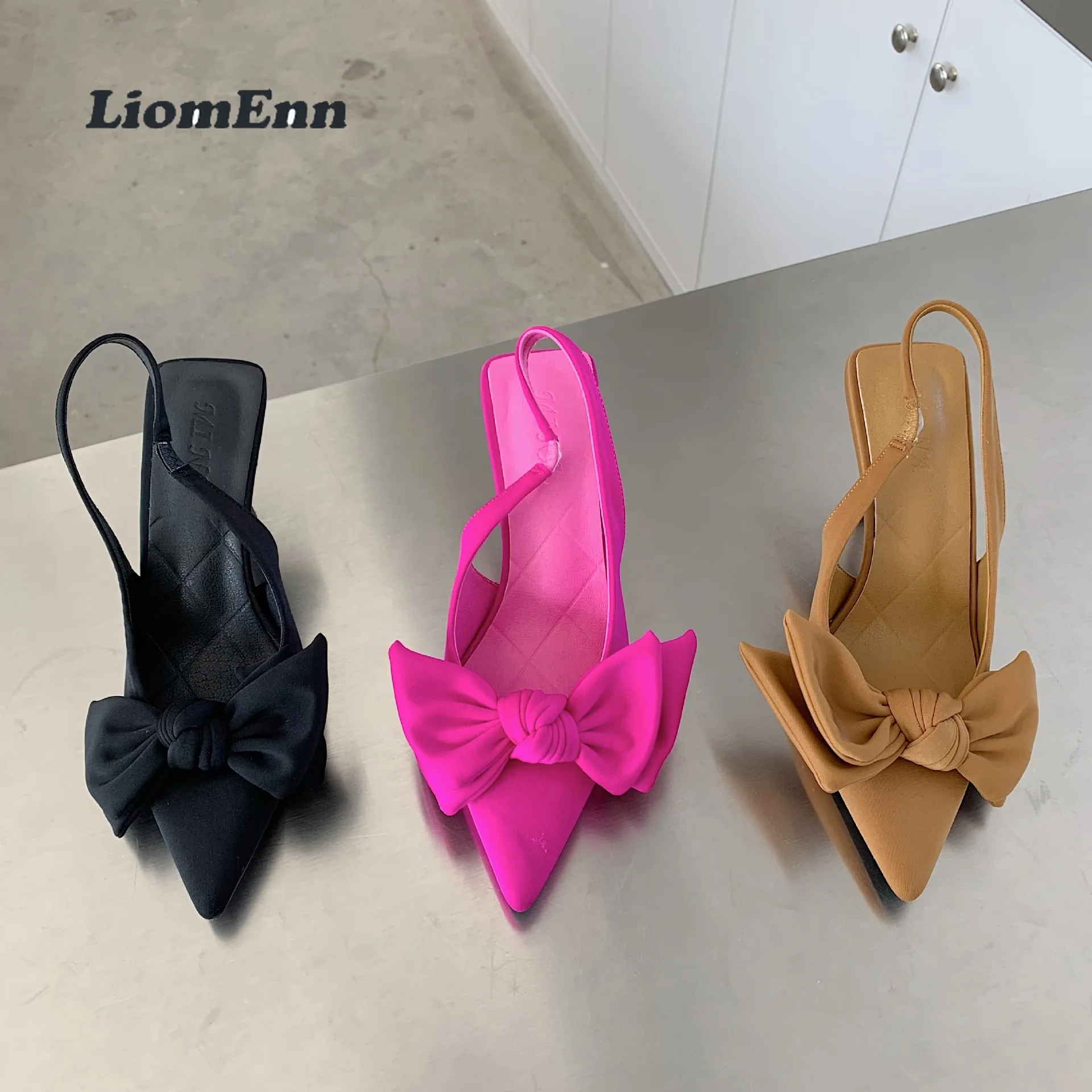 

Butterfly Slingback High Heels Sandals Women Pumps Pointed Toe Pink Heels Mules 2022 Summer Elegant Sexy Bow Party Wedding Shoes