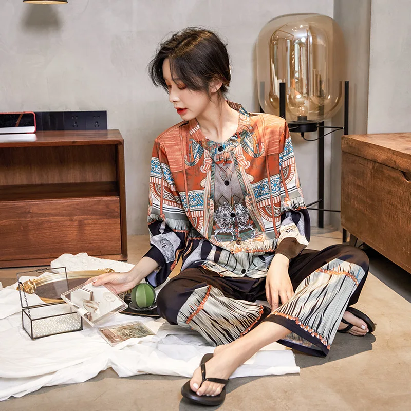

New Women's Pajamas Set Bohemian Style Chinese Folk Print Sleepwear Small Collar Silk Like Leisure Home Clothes Nightwear