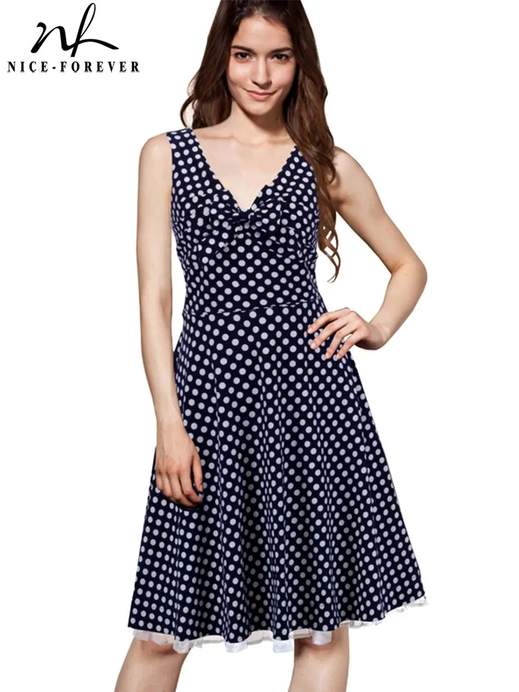 

Nice-forever Summer Women Vintage Polka Dots with Bow Dresses Casual Flare Swing Sundress btyA007