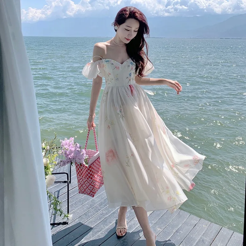 

Женское платье на бретелях из органзы, красивое облегающее пляжное платье принцессы с принтом чая, молочного цвета