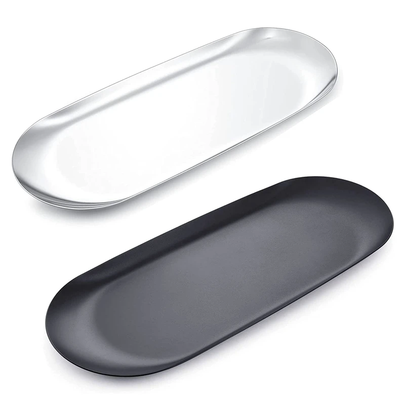 

2 Pcs Silver Black Stainless Steel Metal Tray Bathroom Dining Room Home Decorative Storage Tray Jewelry Cosmetics