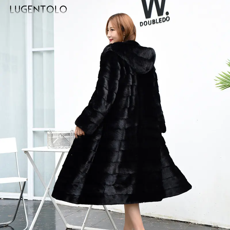 Women Hooded Faux Fur Warm Slim Black Winter Elegant Coat Female Luxury Large Size 9XL Straight Long Faux Fur Lugentolo