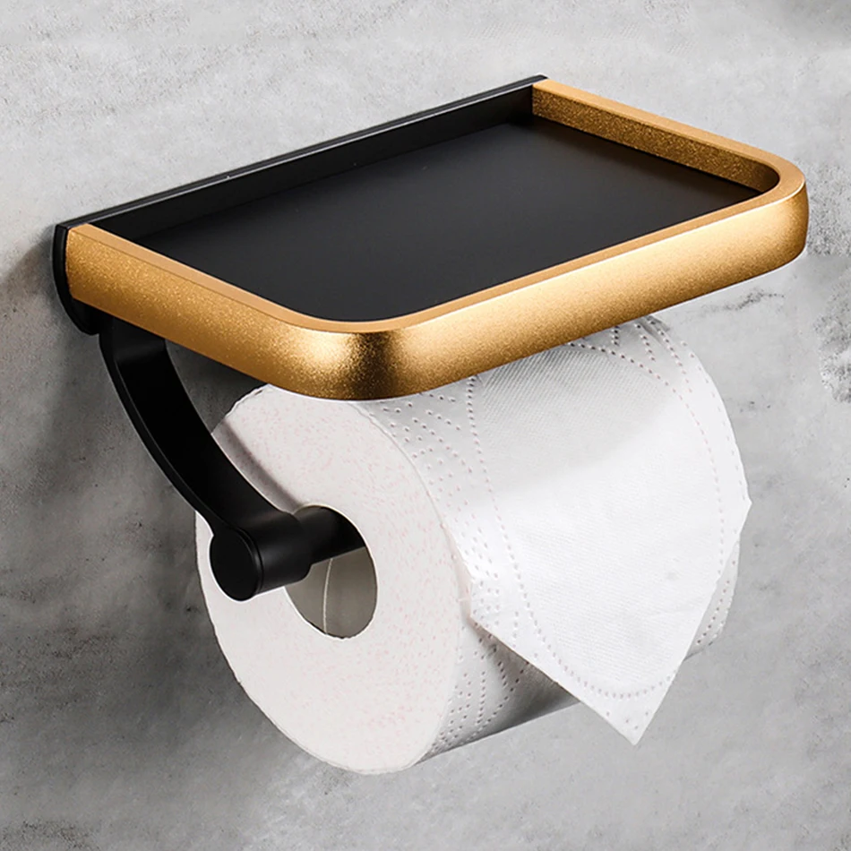 

Black Gold Paper Holder with Phone Shelf Aluminum White WC Paper Towel Storage Rack Tissue Roll Holders for Kitchen Bathroom