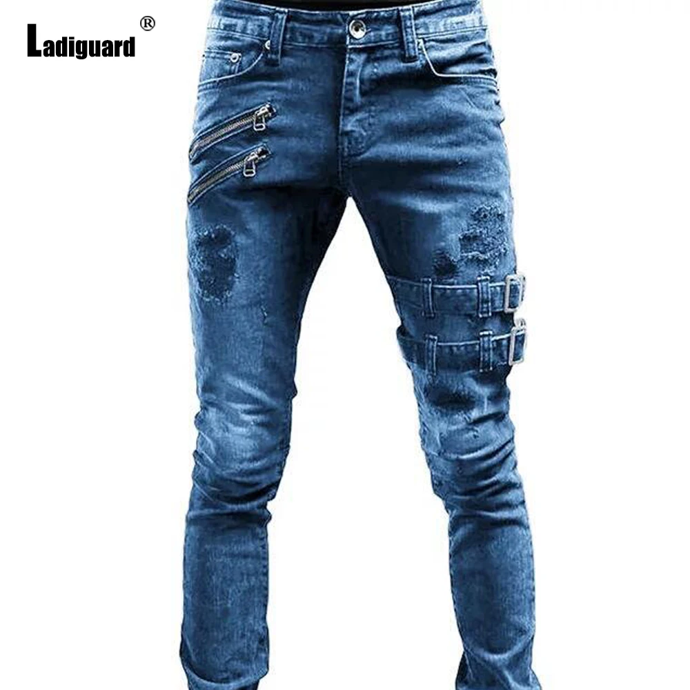 Ladiguard 2022 European Style Fashion Zipper Pocket Jeans Demin Pants Men Skinny Trouser Sexy Mens Lace-up Ripped Demin Pants