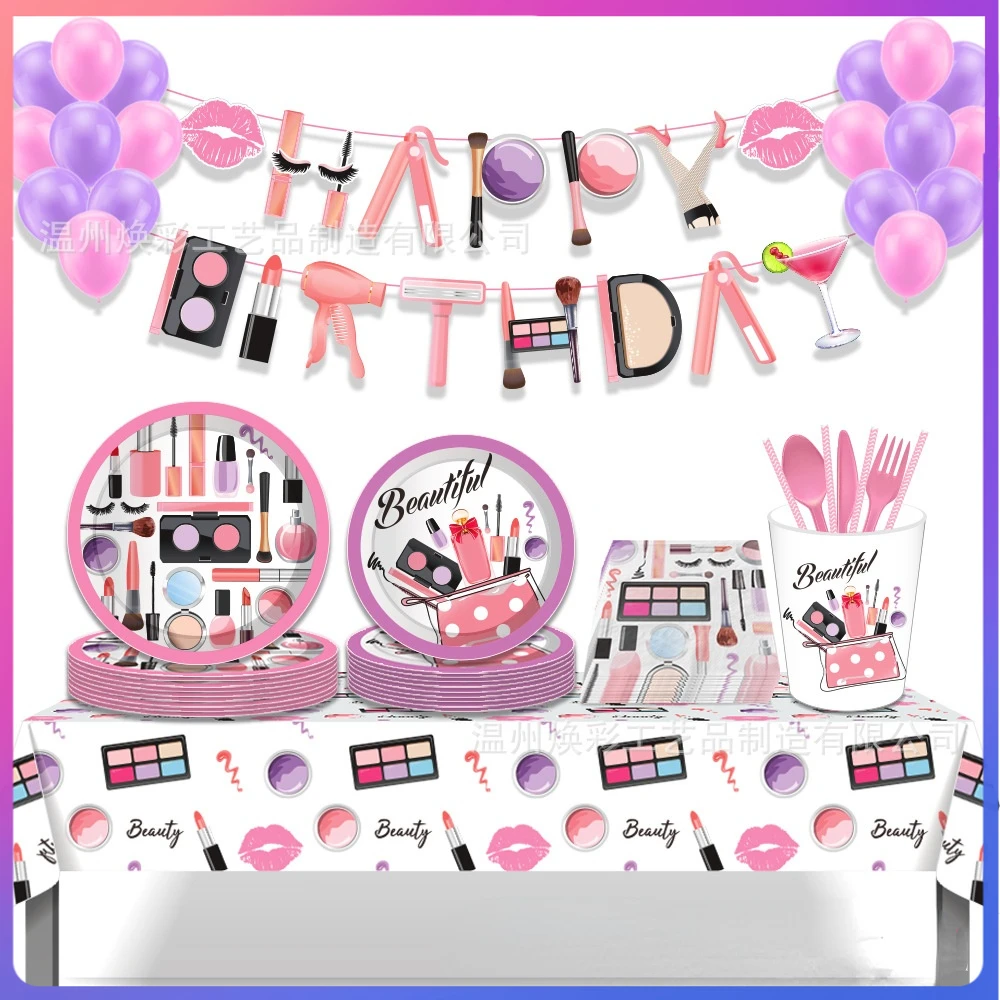 

Beauty New Style Cosmetics SPA Theme Party Festive Party Banner Paper Plate Tissue Paper Cup Girls Birthday Decoration