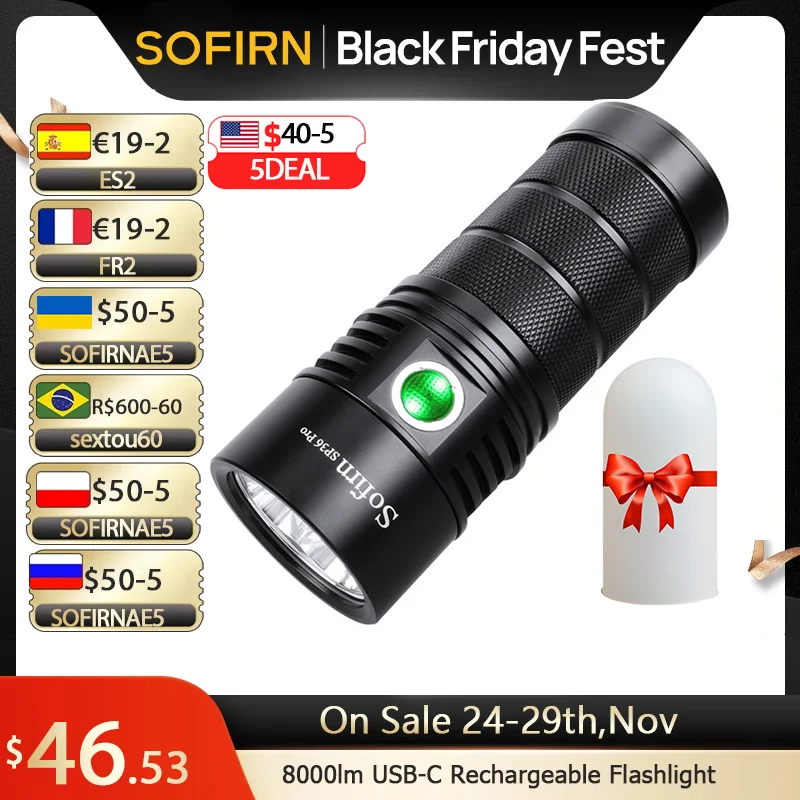 Sofirn SP36 Pro Anduril 4*SST40 Powerful 8000LM LED Flashlight USB-C Rechargeable 18650 Torch Super Bright Lantern