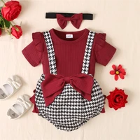 kids newborn girl sets solid top bow houndstooth suspender shorts headband 3 pieces suit infant baby girls clothes free ship