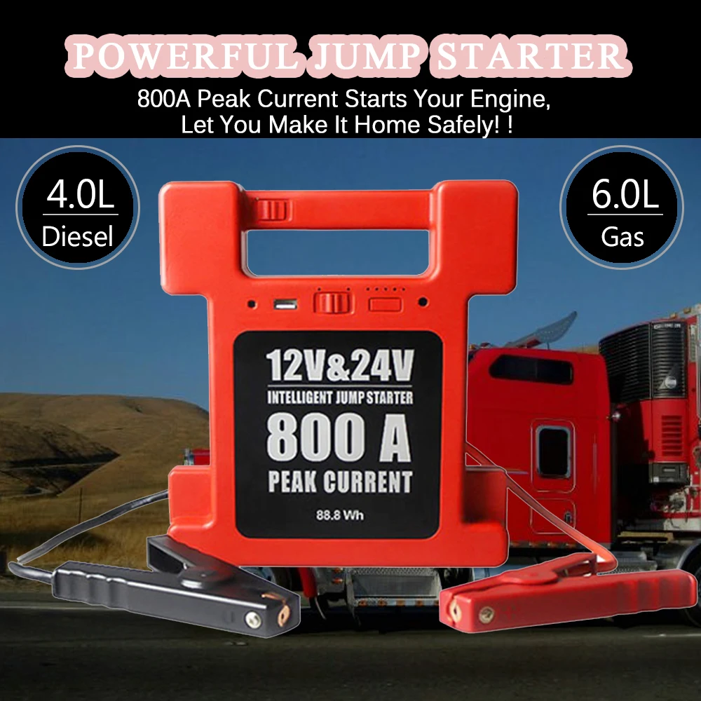 

800A 27000mAh 12V/24V Portable Truck Jump Starter Can Start 6L Gas 4L Diesel Battery Booster Car Starting Device Free Shipping