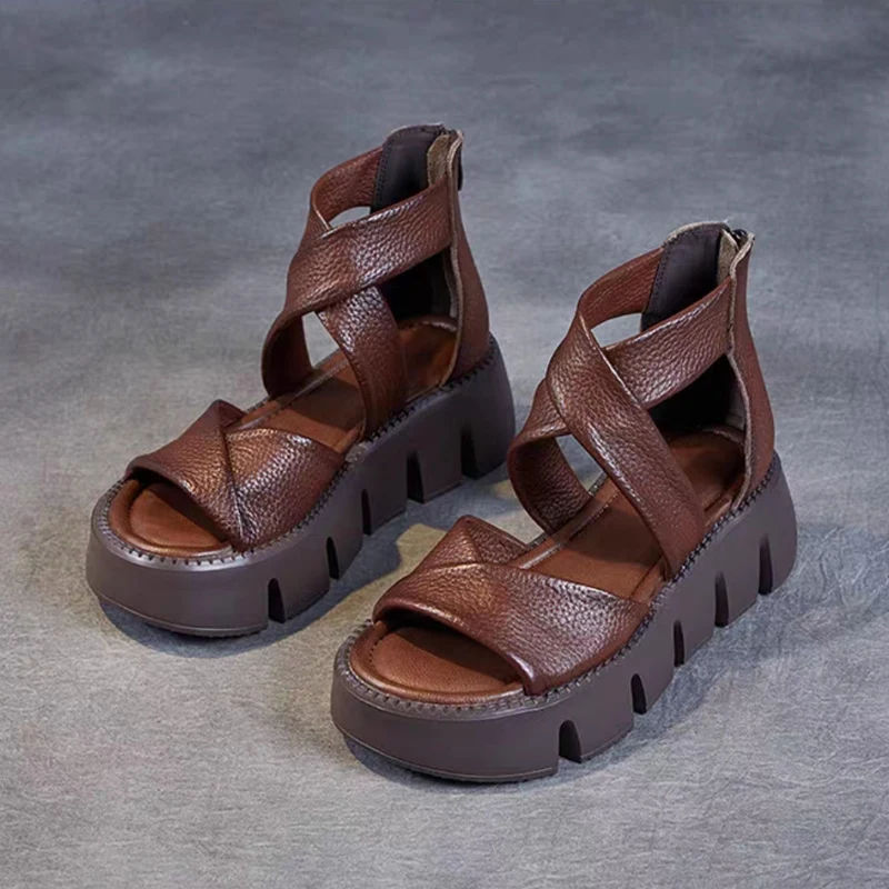 Handmade Retro Sandals Women Summer 2023 Cross Genuine Cow Leather Wedges Platform Gladiator Sandals Women Cool Boots