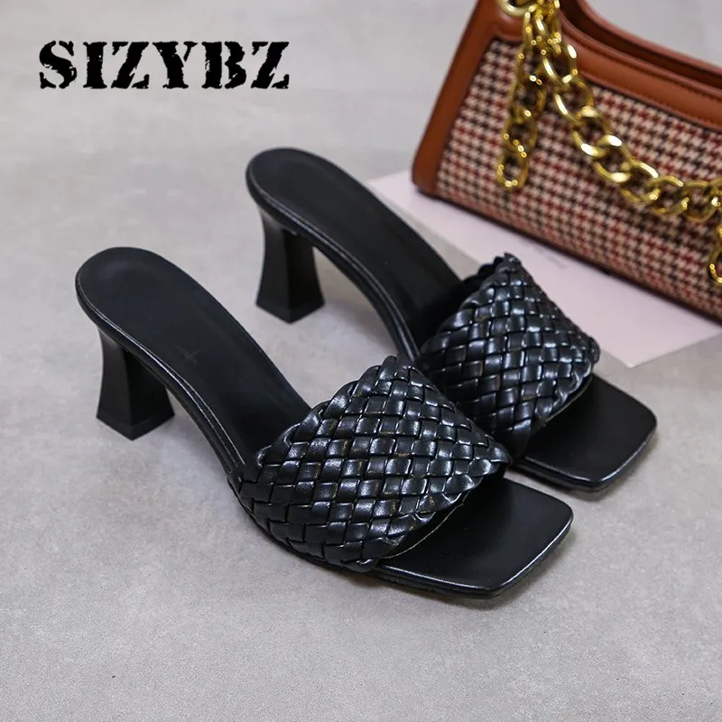 

NEW Sexy High Heels PU Diamond Square Head Peep Toe Slippers Summer Fashion Slip on Square Heels Slides Women Mules Party Shoes