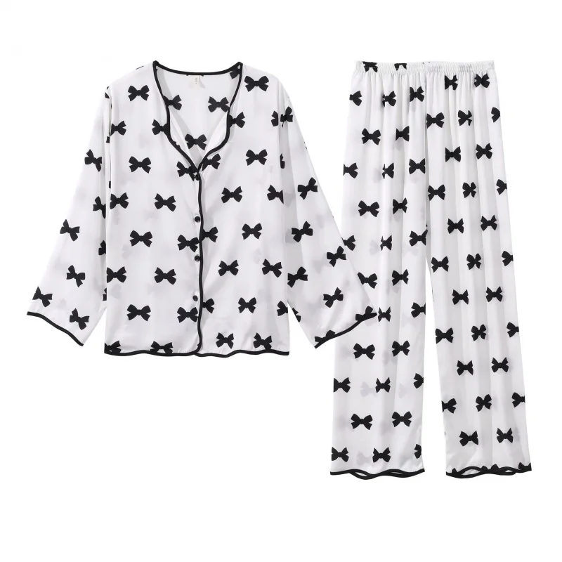 Spring Summer Silk Pajamas Women's Long-Sleeve Suit Printed Korean Style Loose Oversized Cardigan Ice Silk Thin Homewear