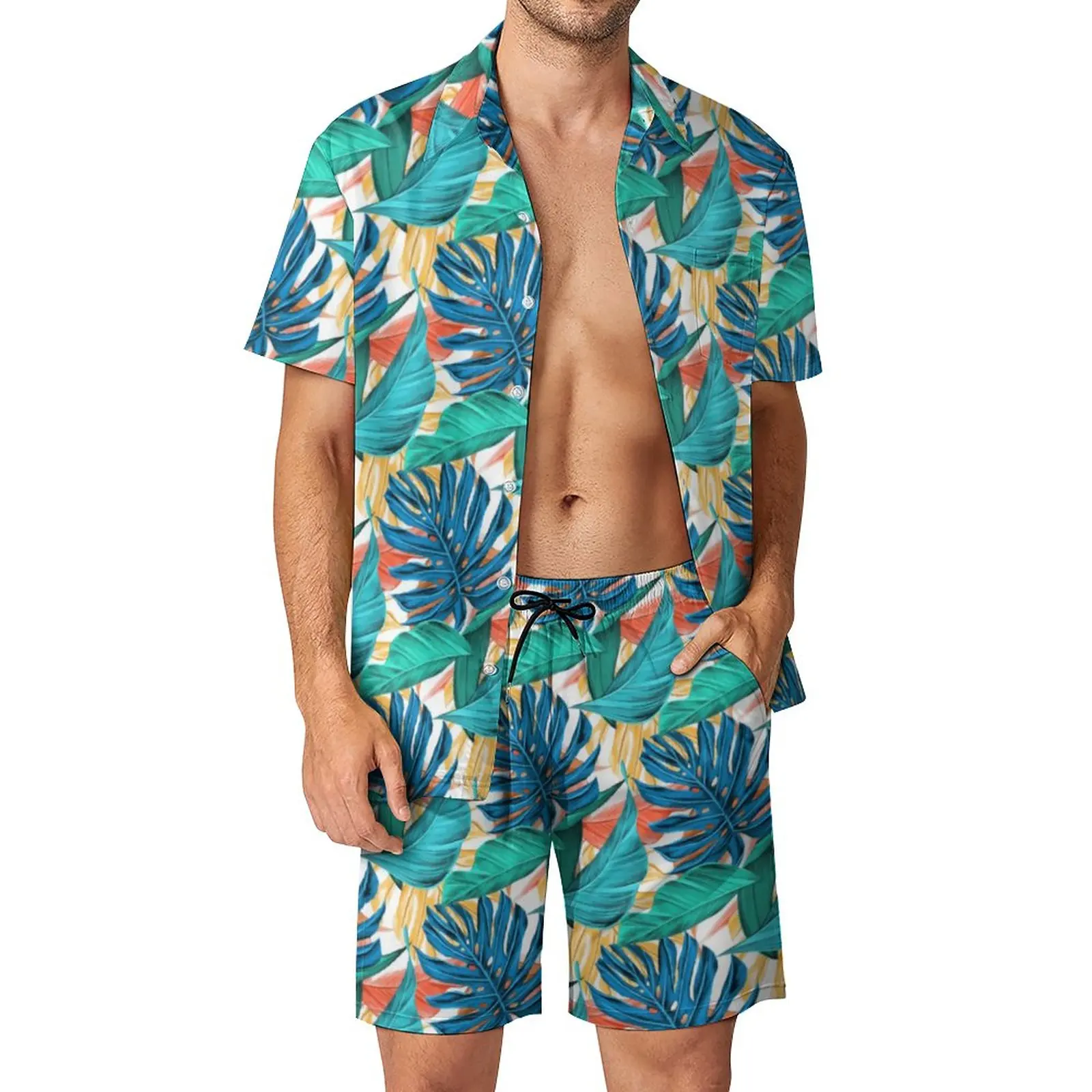 

Exotic Tropical Leaves Beachwear Men Sets Colorful Weed Casual Shirt Set Summer Shorts 2 Piece Retro Suit Plus Size