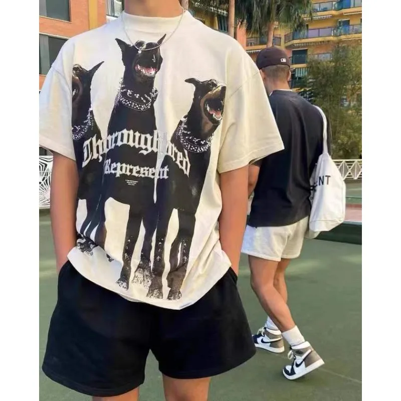 

Europea usa fashion brand short sleeved hound print high street retro washed old loose trend men and women couple T-shirt