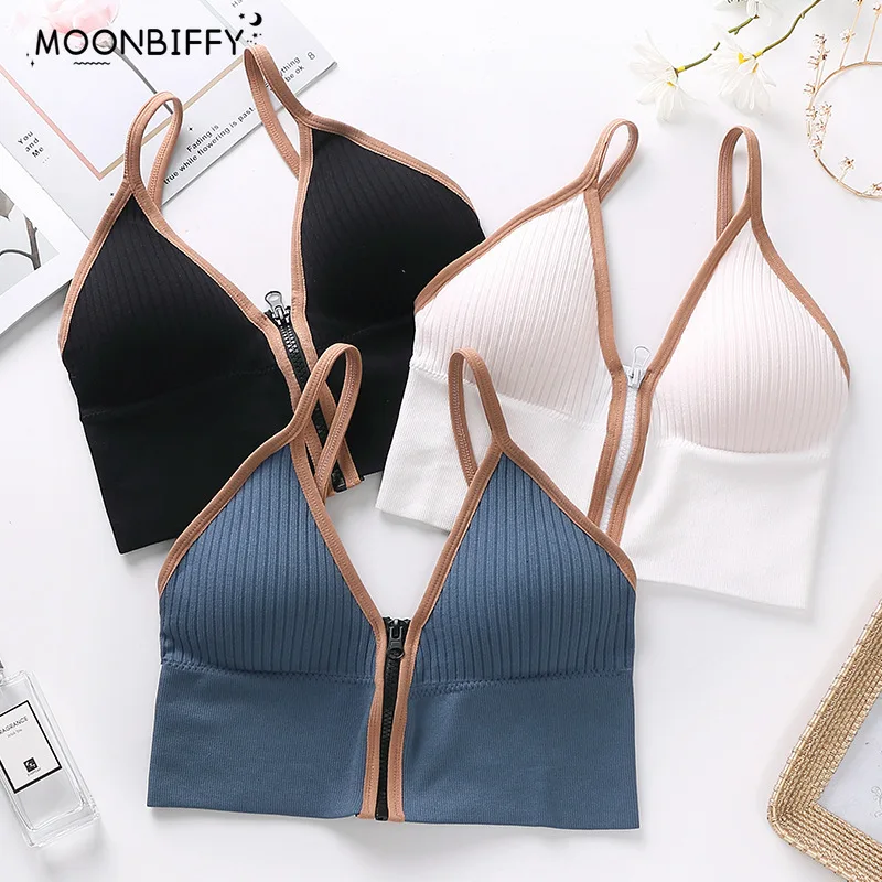 

Sexy Deep V Beautiful Back Front Zipper Sports Sling Seamlessly Wrapped Chest Solid Color No Steel Ring Bra Casual Short Top