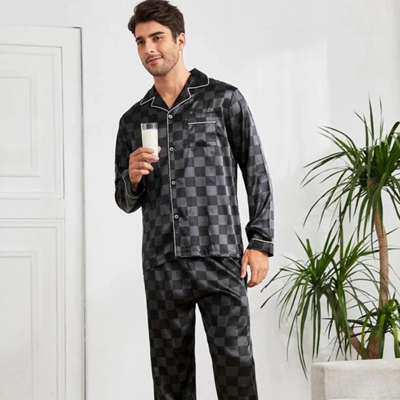 Men Checkered Silk Satin Pajamas Set Home Sleepwear Long Trouser Suit Female Sleep Two Piece Set Couple Loungewear Plus Size