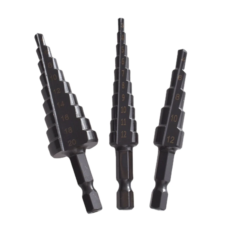 

3 Pcs/set Step Drill Bit Set 3-12/4-12 /4-20mm Hex Shank Hss Drill Bits Black