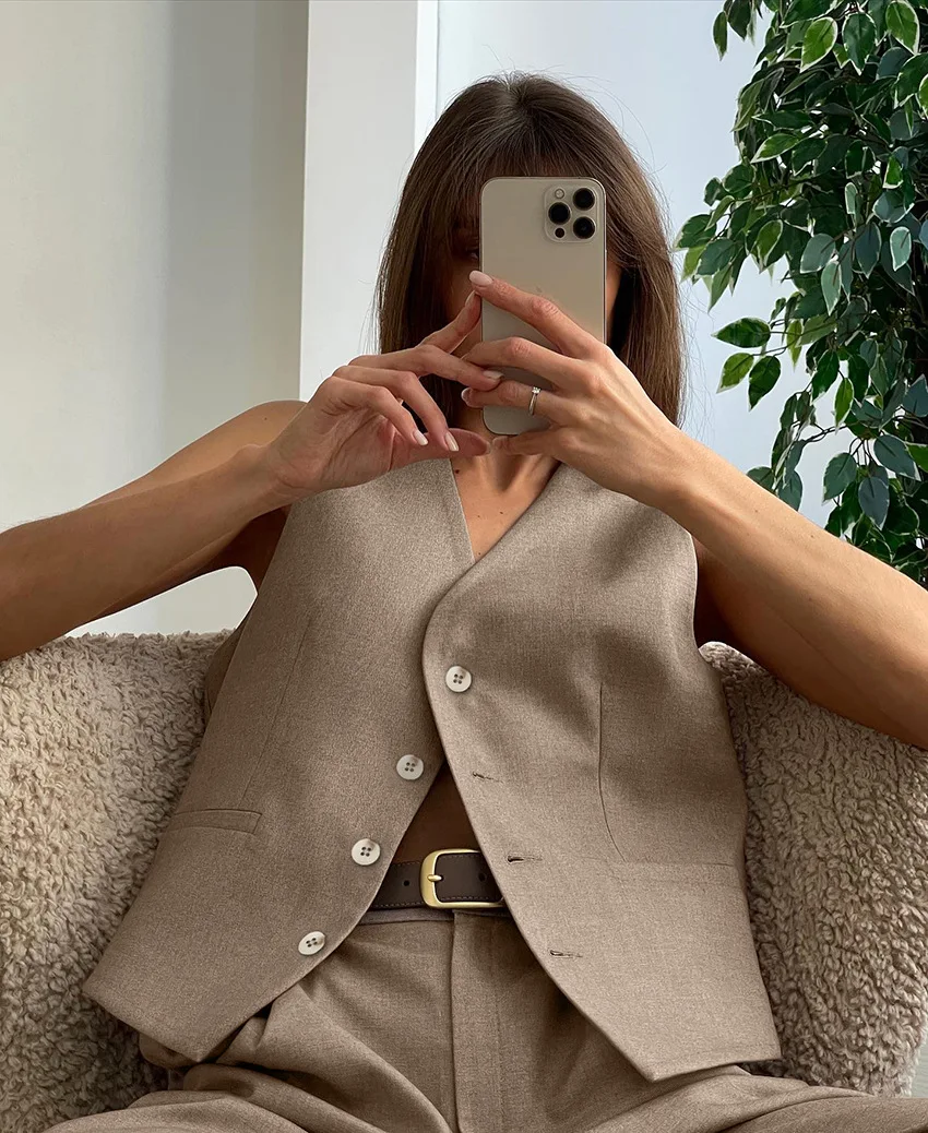 Женский офисный женский деловой костюм из смеси хлопка и льна с широкими брюками