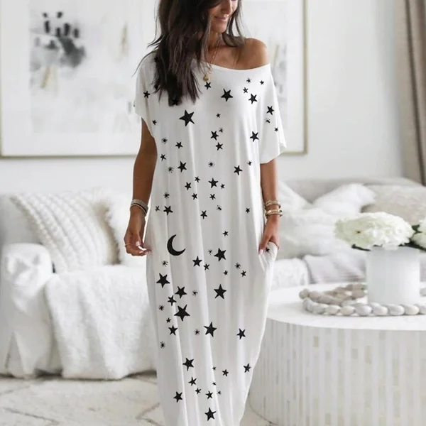 

Women Off Shoulder Dress Summer Moon Star Print Short Sleeve Long Dresses Casual Loose O-Neck Maxi Dress Nightgown Homewear 2021