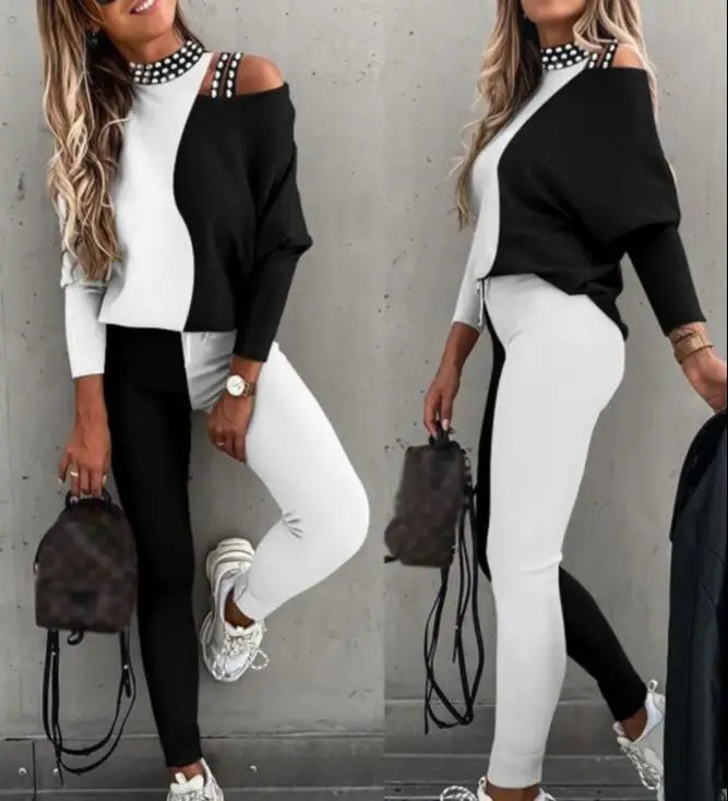 

Casual two piece sets womens outifits Colorblock Rhinestone Cold Shoulder Long Sleeve Top & Skinny Pants Set New Autumn 2022