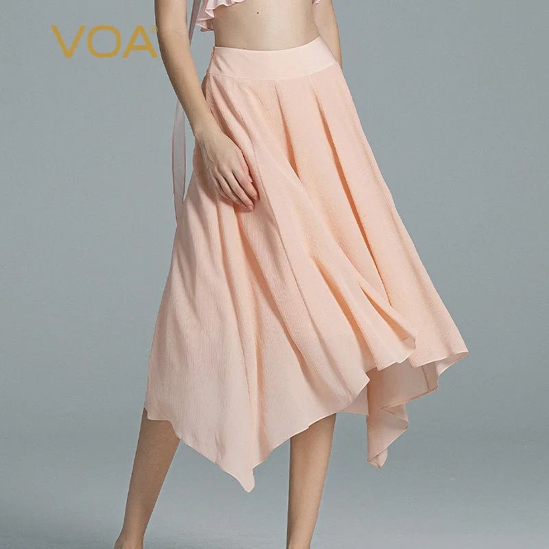 

VOA Lotus Pink Double Layer Georgette Silk Natural Waist Asymmetrical Skirts Slim Sweet Style Versatile Silk Midi Skirt CE201
