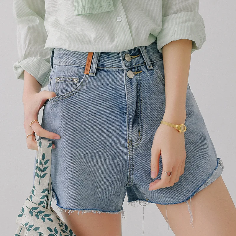 2021 Summer Women New High-waist Slit Slim Shorts Female Raw-edged Loose Jeans with Buttons Solid Color Cotton Casual Streetwear