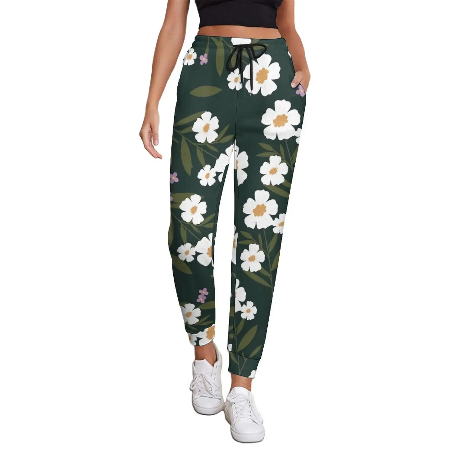 

Ditsy Floral Jogger Pants Autumn White Flowers Casual Joggers Woman Hippie Graphic Trousers Big Size