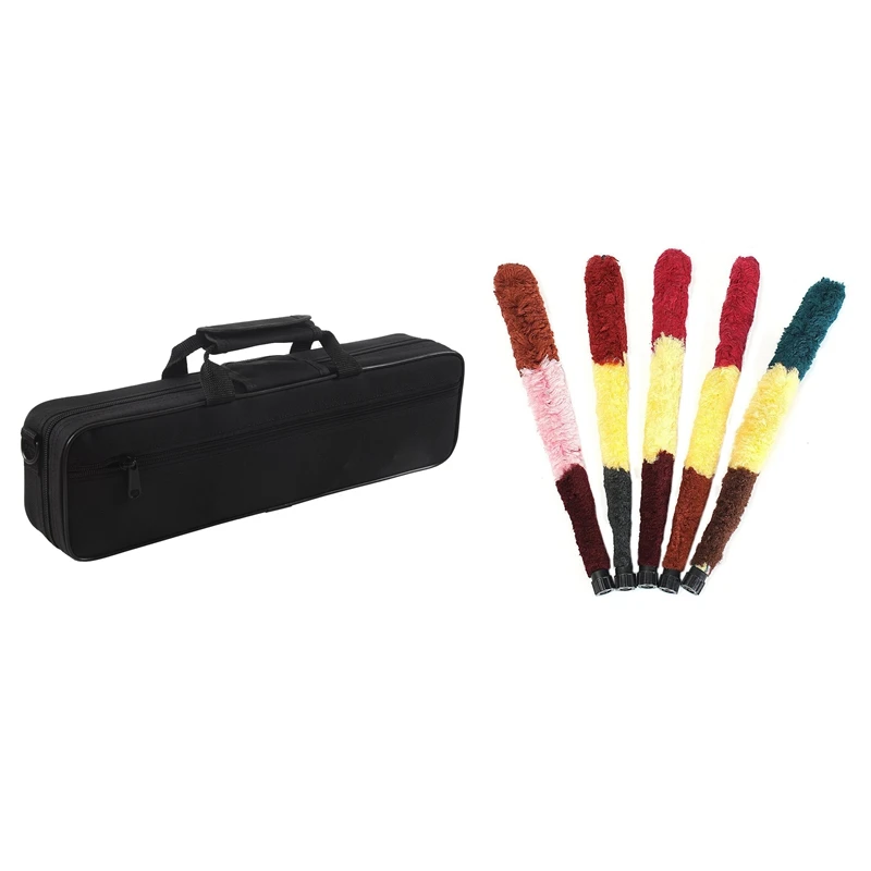 1 Pcs Nylon Padded Flute Bag Carry Case Cover Shoulder Strap & 1 Pcs 52Cm Soft Cleaning Brush Cleaner Saver Pad