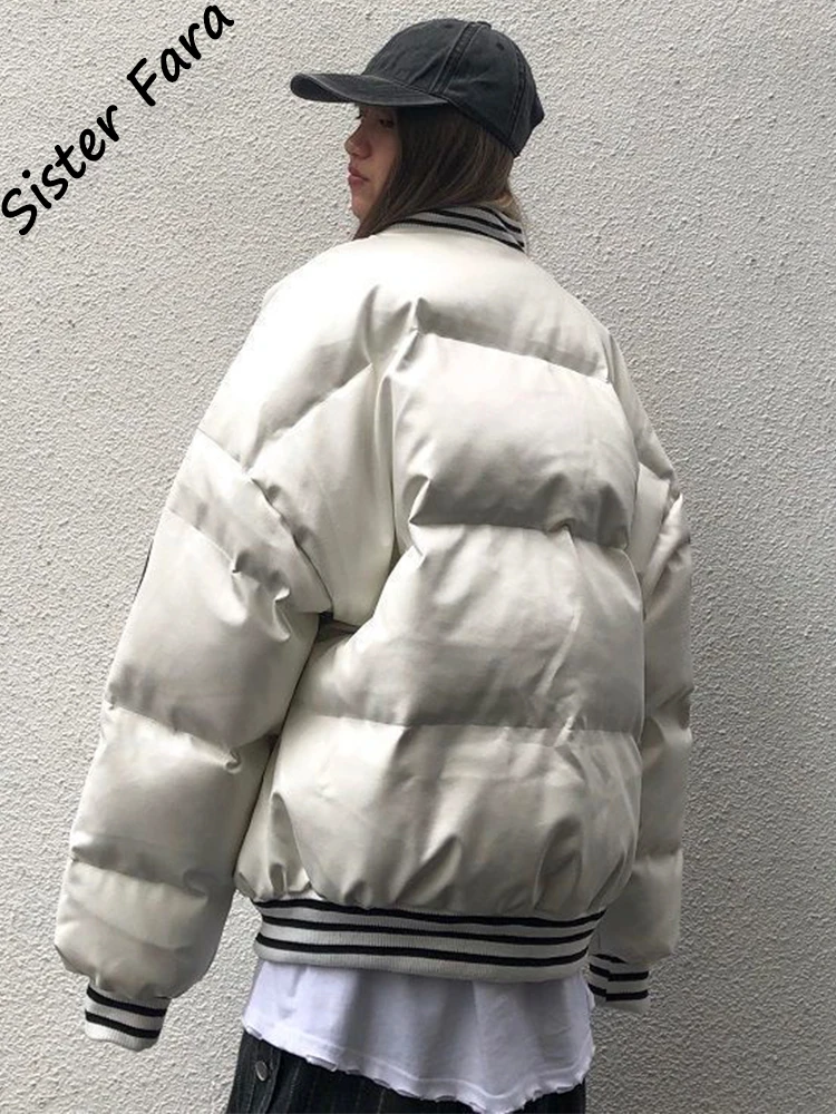 Sister Fara Pu Leather Embroidery Winter Parka Women Casual Single Breasted Cotton Padded Jacket Loose Fashion Harajuku BF Coat